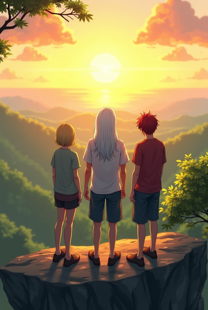 Draw three people with their backs turned looking at a horizon at sunset, looking across to another continent with lots of trees. They are standing on the edge of a cliff. One of them is a blonde haired feminine man with shoulder length bob hair. Another person is gender neutral, brunette with very long white hair, This is the highest of the 3. The last person is a man, has, short dark red hair. Everyone wears clothes.