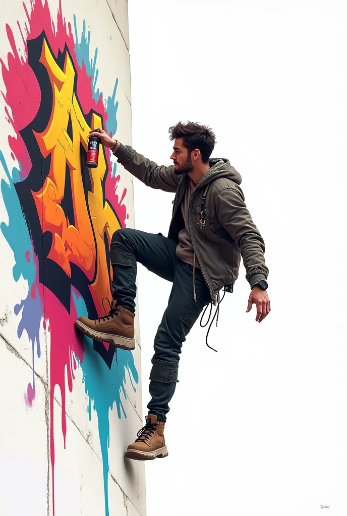 Illustration of a Graffiti Artist hanging from a building painting graffiti, WITH WHITE BACKGROUND