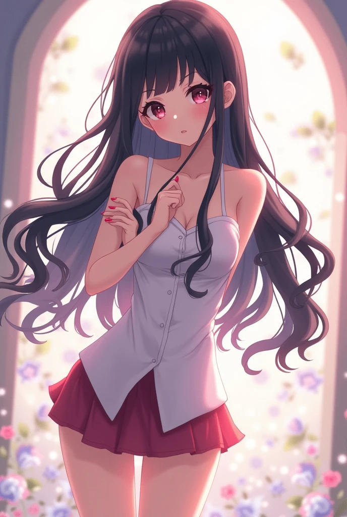 Create a pretty anime girl with long black hair and a cute sexy miniskirt , anime