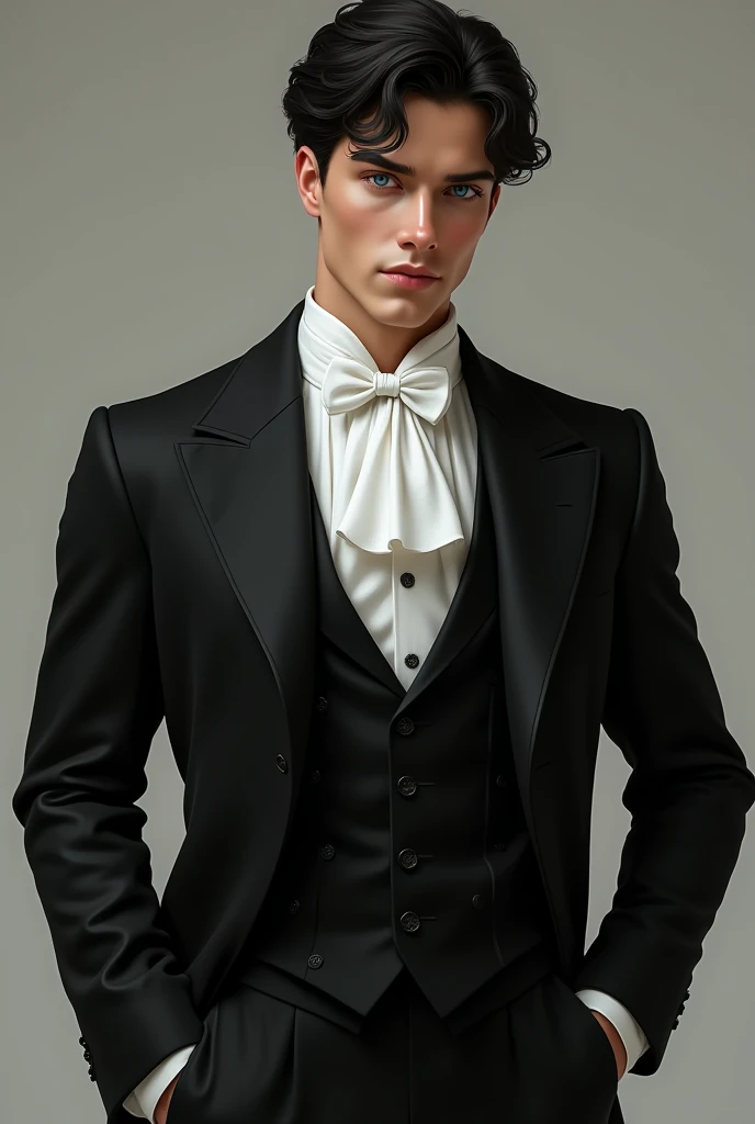 Handsome 3 man, Her skin is white, her black and wavy hair. Her hair is combed but she has a curl that is on her forehead, has blue eyes, filled lips, tall and muscular. He has a black Victorino suit, elegant. Without beard. He does not have a beard. He looks young and seductive.