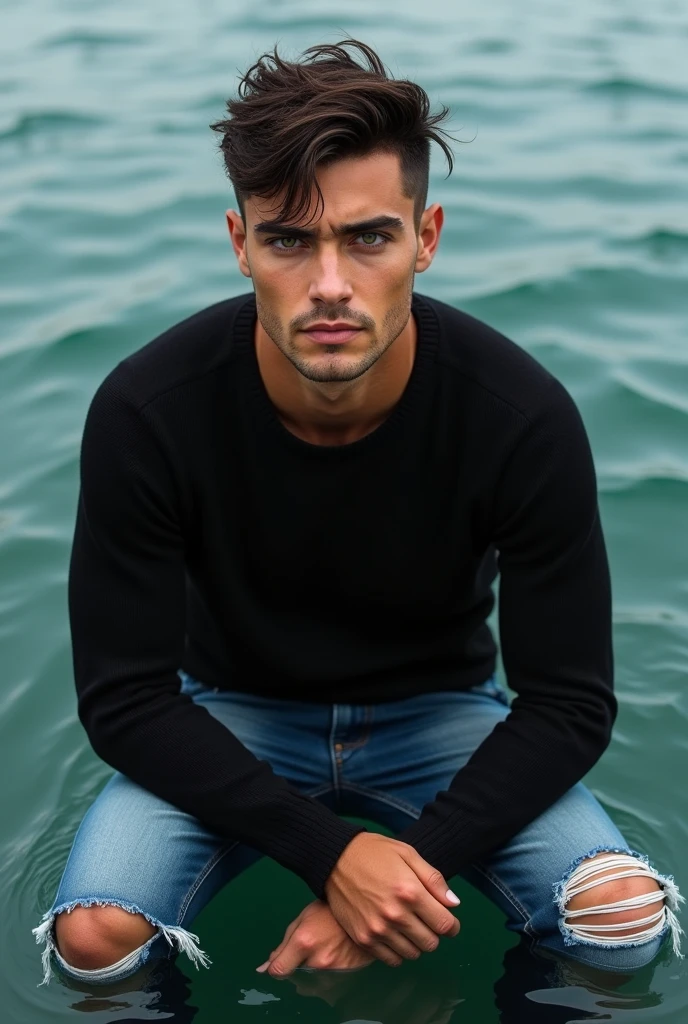 (photorealism:1.2), (8k) (detailed) (full body) Give me a man, Facial features: Square face with a marked jaw, prominent cheekbones and thick, dark eyebrows. Adds youthfulness to his appearance. Hair: Dark hair, usually combed back or with a slightly disheveled style, which can vary between short and medium. Eyes: Dark green eyes, with a penetrating look that expresses confidence, with cross-shaped hoops on each side. Build: slim and well-defined. Height 1.80, which gives him an imposing presence. Style: His style of clothing: black sweater, ripped jean pants. Skin tone: Tanned skin tone, typical of the Mediterranean. Expression: He usually has a serious or concentrated expression, although he can show a charming and confident smile. (sitting in a sea) (high resolution), (4k).
