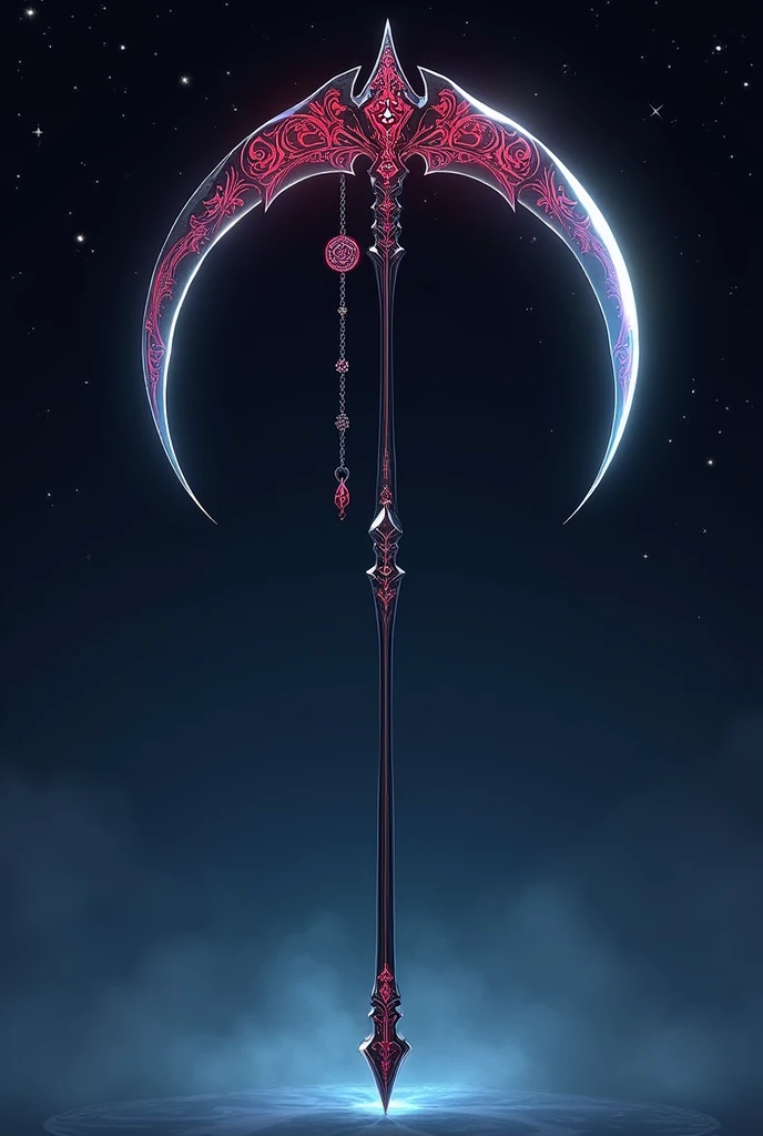 A detailed anime-style scythe with a crescent moon design. The blade is sharp and curved, with intricate red and black patterns, emitting a faint glow. The handle is long and elegant, with mystical symbols and a chain hanging from the top. The background is simple, with sparkling stars to enhance the weapon’s magical aura."