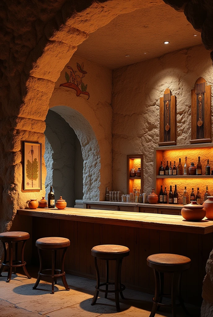 Generate a bar decorated with walls with niches containing pots, Cave paintings and wooden frames containing Inca arrows and bows.