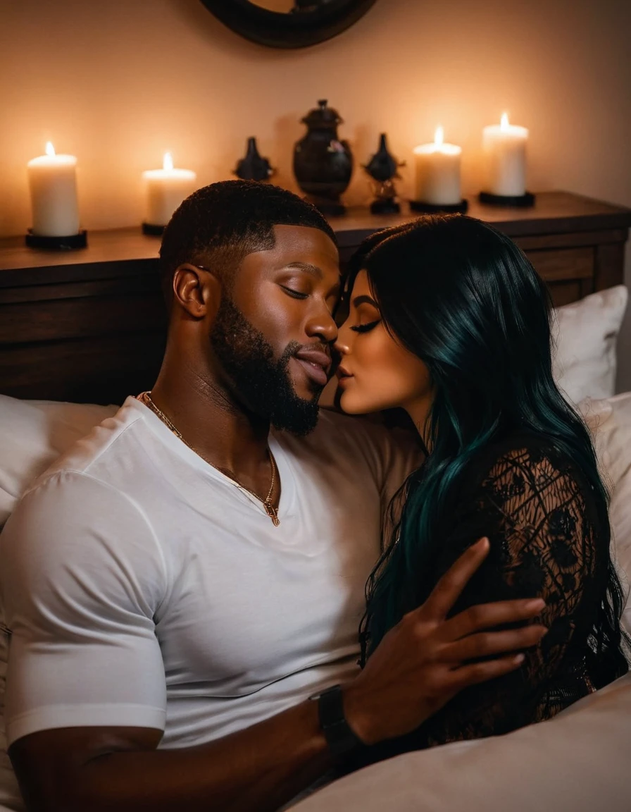 Trevante Rhodes and Kylie Jenner share a steamy kiss inside a bedroom lit only by candlelight. Kylie has lovely makeup on her face. Nighttime. Romantic ambiance. Symmetrical eyes. Symmetrical faces. Lovely details. Photorealistic. Full-colored photo. Professional photo. Highly detailed 8K.