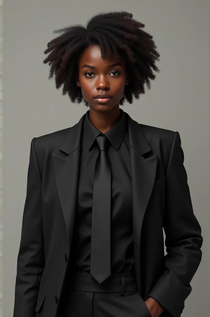 A character with black skin, dark brown hair, a black shirt, a black tie and a black jacket