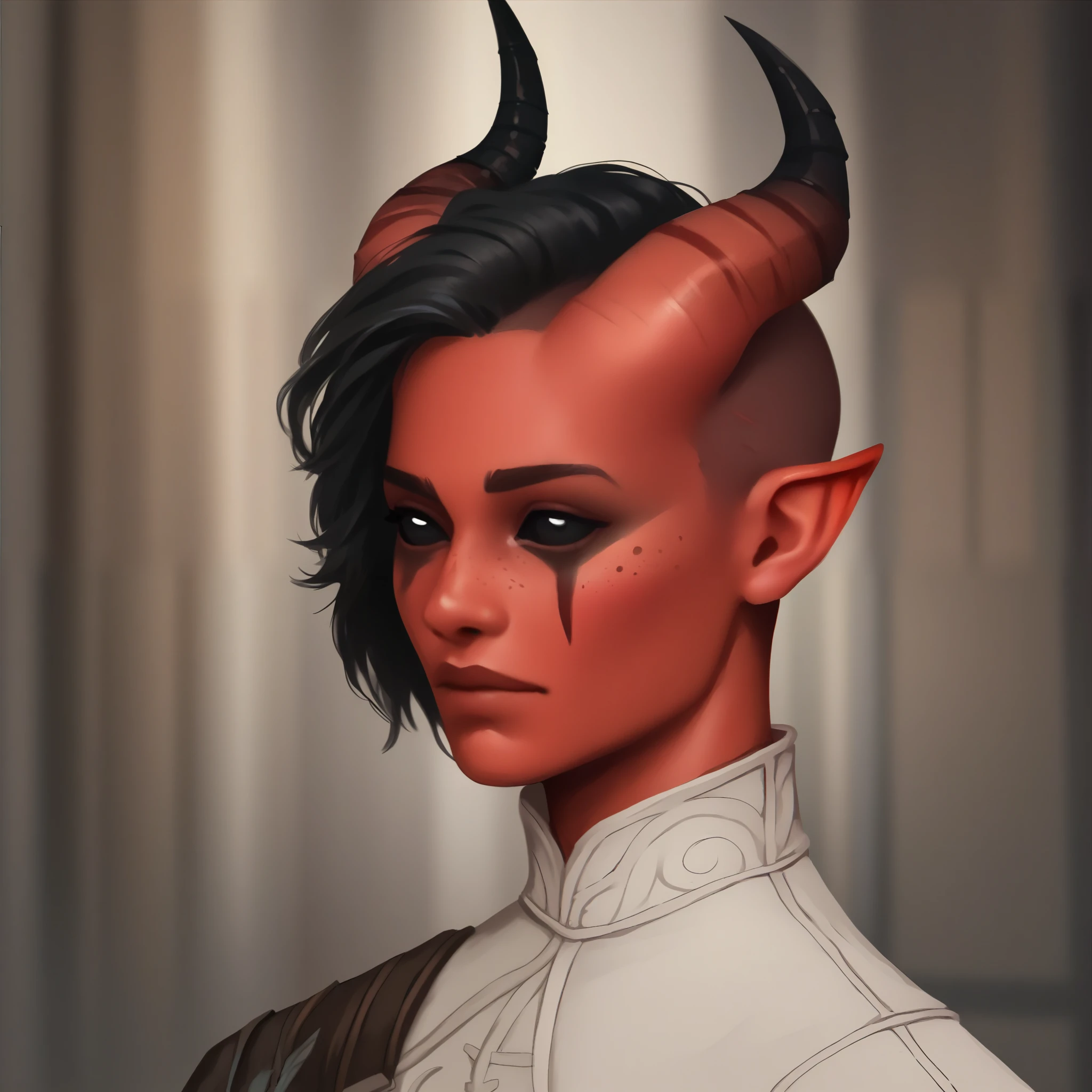 (((beautiful, high quality))), portrait, score_9, score_8_up, score_7_up, Tiefling, pointed ears, (black horns), black eyes, black sclera, androgynous, 1girl, masculine, red skin, shaved sides, man bun, black hair, (black eyes), black face paint, scars, freckles white shirt, fantasy background, blurred background