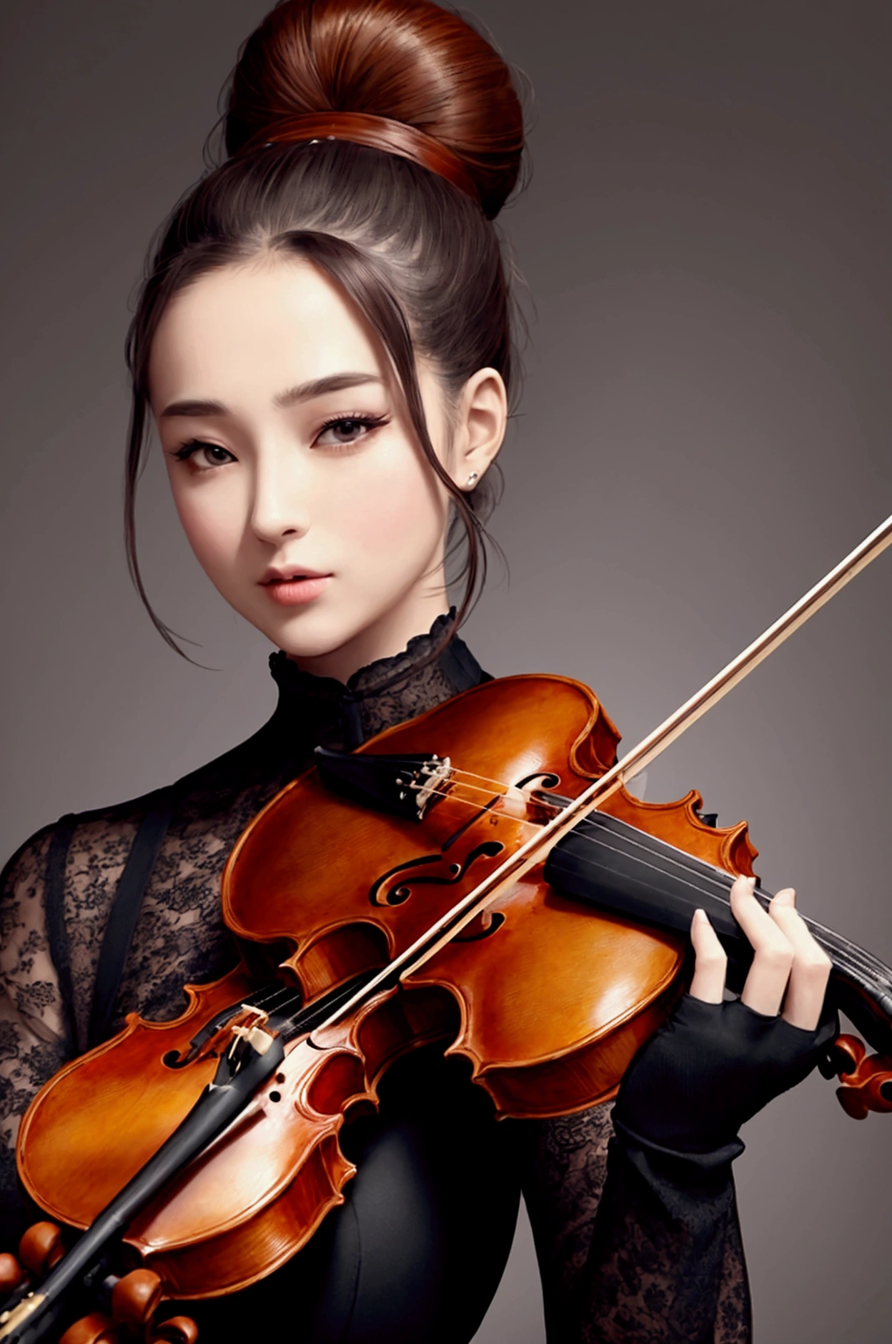 Female violinist ,woman with big bun and microphone, bald man violinist