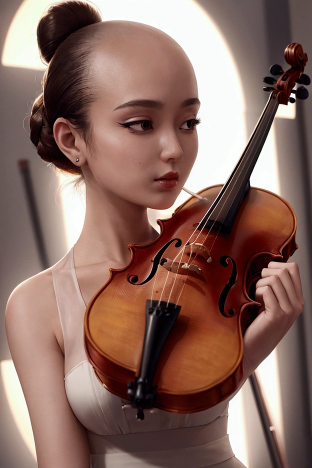Female violinist ,woman with big bun and microphone, bald man violinist