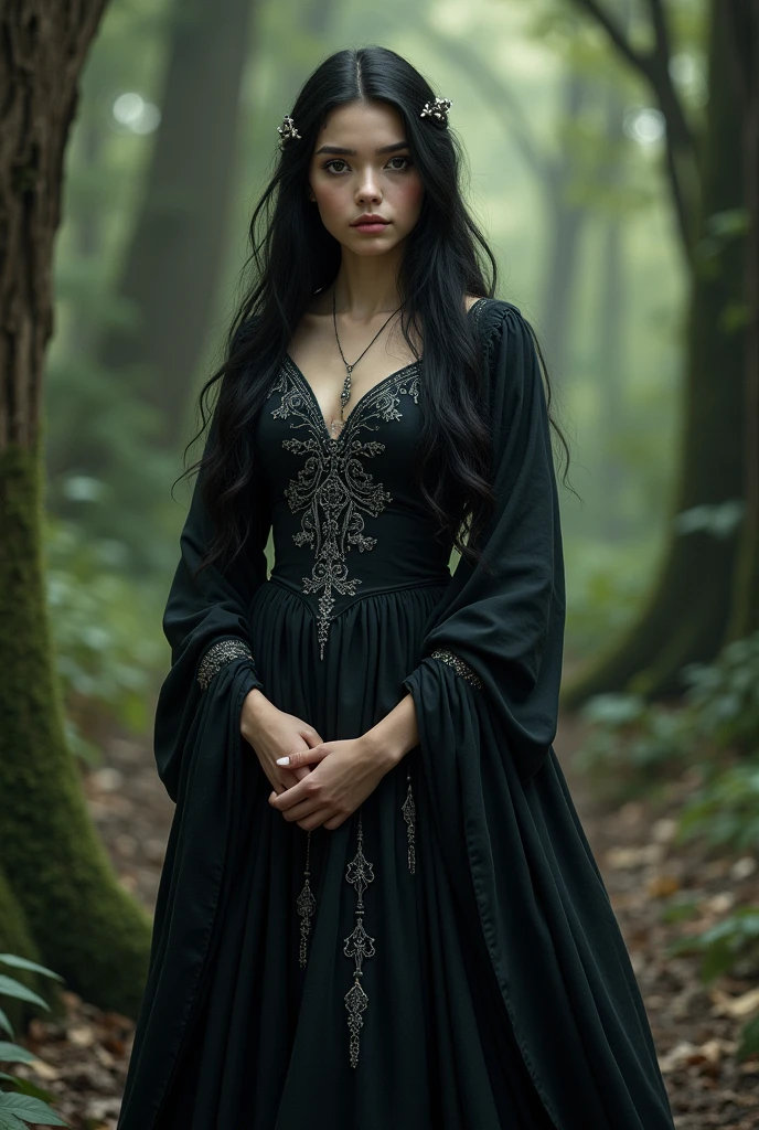 Make a young girl , she has long black hair, black eye, pale white skin, she is very beautiful.
She is wearing a long black dress with silver details, she is in a medieval forest, middle ages