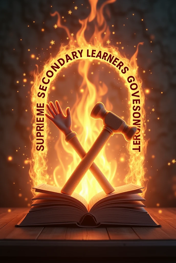 (photorealism:1.2), Supreme Secondary Learners Government in arc shape as words(english), book, hammer that represents work and hands on the center, with flame that radiates all around