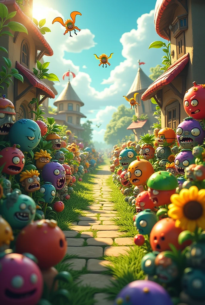 A screen shot showing a gaming video on the popular video-sharing platform，The game being played is a vivid fictional action-adventure game Plants vs. Zombies，The setting is a detailed fantasy world filled with all kinds of weird plants and zombies，Pea shooter，Potato mines，sunflower，(Cherry Bomb)，Chomper，(Gatling Pea)，Flag zombies，Exaggerated art illustration