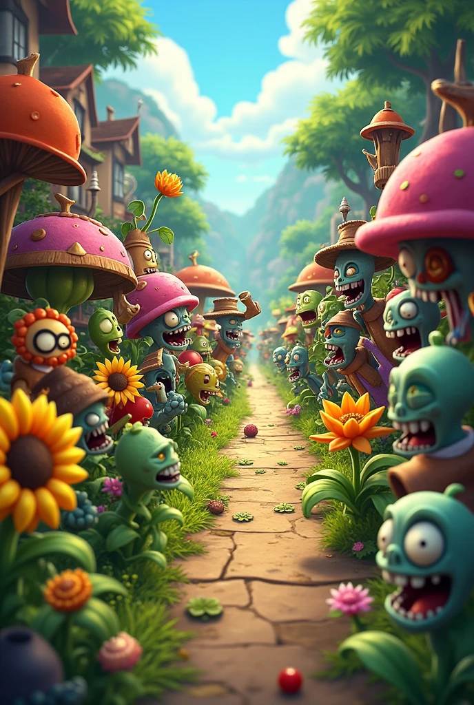 A screen shot showing a gaming video on the popular video-sharing platform，The game being played is a vivid fictional action-adventure game Plants vs. Zombies，The setting is a detailed fantasy world filled with all kinds of weird plants and zombies，Pea shooter，Potato mines，sunflower，(Cherry Bomb)，Chomper，(Gatling Pea)，Flag zombies，Exaggerated art illustration