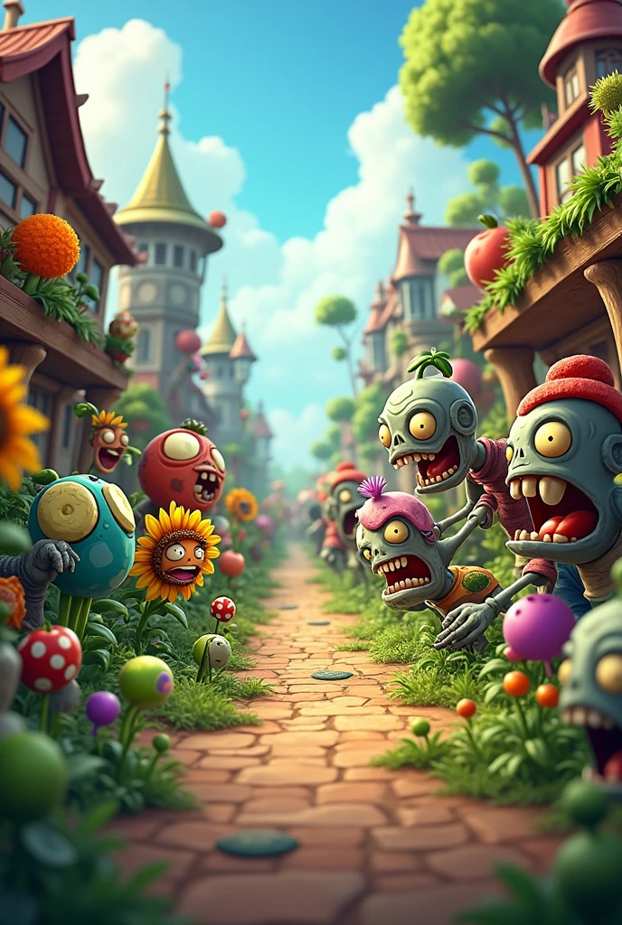 An idyllic battlefield where vibrant, sentient plants are engaged in a lively battle against quirky zombies. The scene is lush with colorful, blooming flora and whimsical plant characters using their unique abilities to fend off the comically menacing zombies. The setting is a sunlit garden with a bright blue sky, creating a striking contrast with the dark, tattered appearance of the zombies. The plants are in dynamic poses, showcasing their powers, while the zombies stagger forward with determined expressions. The composition is vibrant and playful, with a photorealistic 8k quality, hyper-detailed textures, and a warm, cheerful color palette, capturing the essence of a fantastical and lighthearted battle.