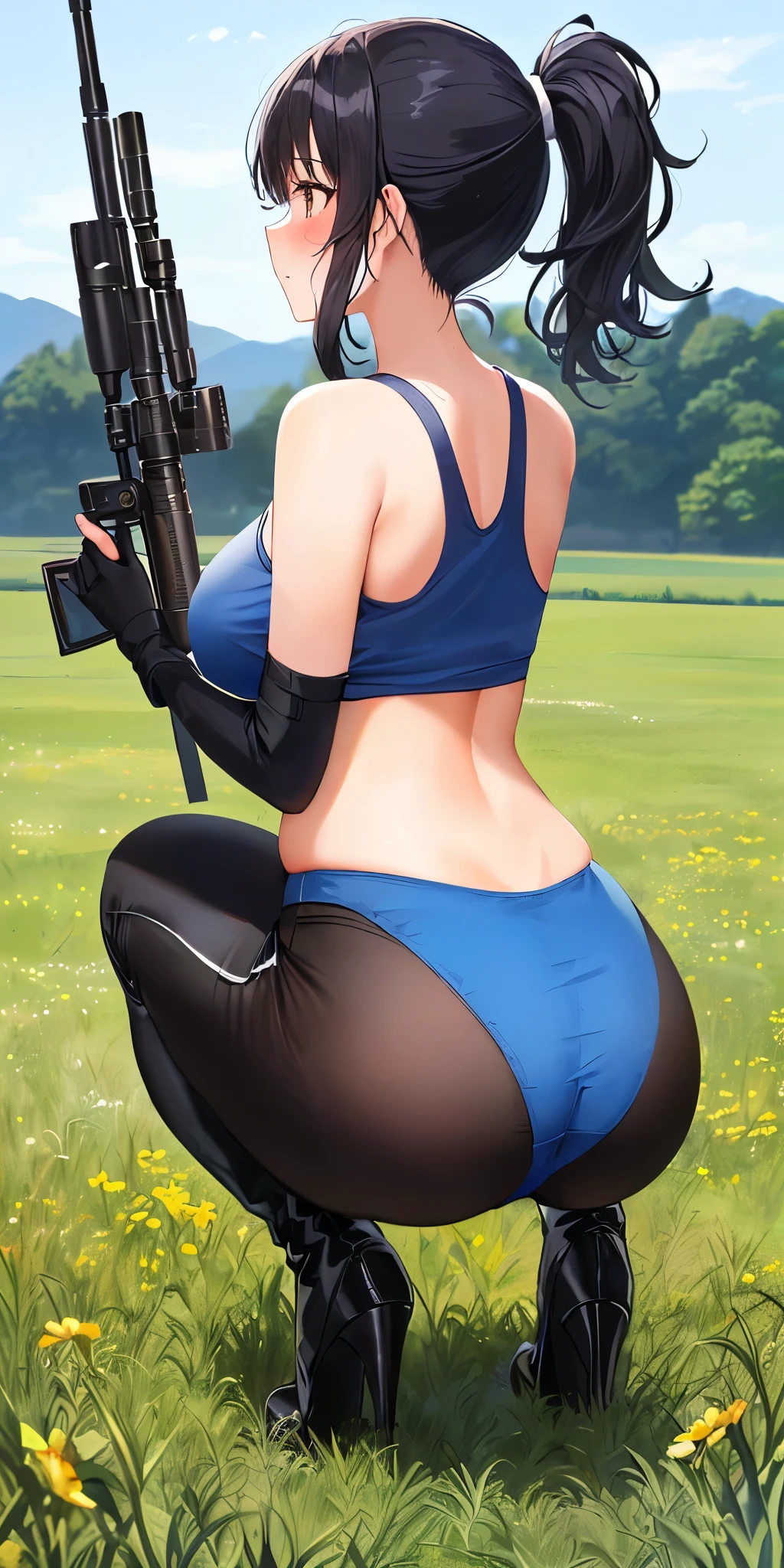 1 girl, black hair, ponytail, in the field, crouching, taking aim with sniper, with black tank top, black legging, blue gloves, (blue panties on the outside the black legging), blue heels boots, medium breast, voluptuous, thicc, red cheeks, embarrassed, full body view, back view 