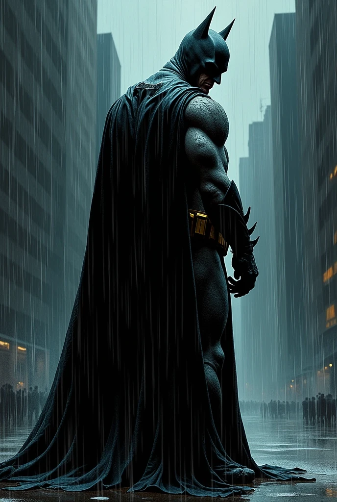 Batman but tired of being Batman defeated in the rain comic style
