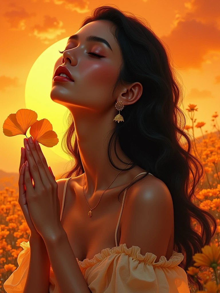 1girl, black hair, closed eyes, dark skin, earrings, ginkgo leaf, gradient, gradient background, jewelry, long hair, male focus, orange background, orange sky, orange theme, own hands clasped, own hands together, solo, sunset, upper body, yellow background, yellow sky, vibrant colors, fantasy