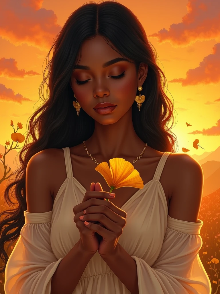 1girl, black hair, closed eyes, dark skin, earrings, ginkgo leaf, gradient, gradient background, jewelry, long hair, male focus, orange background, orange sky, orange theme, own hands clasped, own hands together, solo, sunset, upper body, yellow background, yellow sky, vibrant colors, fantasy