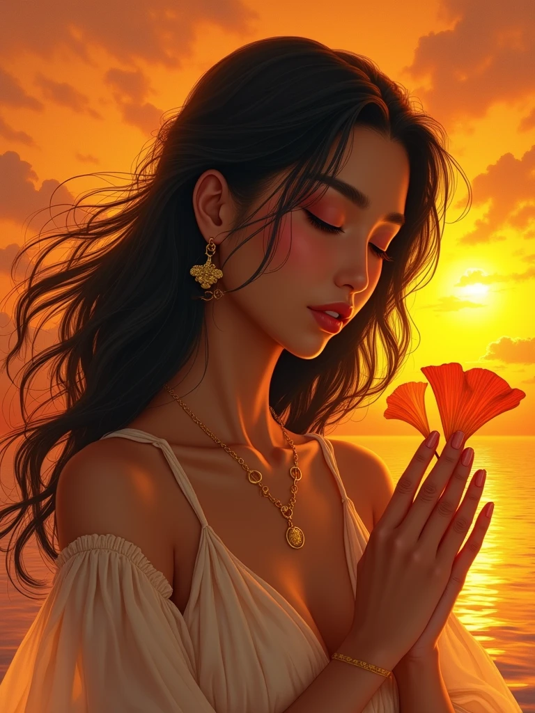 1girl, black hair, closed eyes, dark skin, earrings, ginkgo leaf, gradient, gradient background, jewelry, long hair, male focus, orange background, orange sky, orange theme, own hands clasped, own hands together, solo, sunset, upper body, yellow background, yellow sky, vibrant colors, fantasy