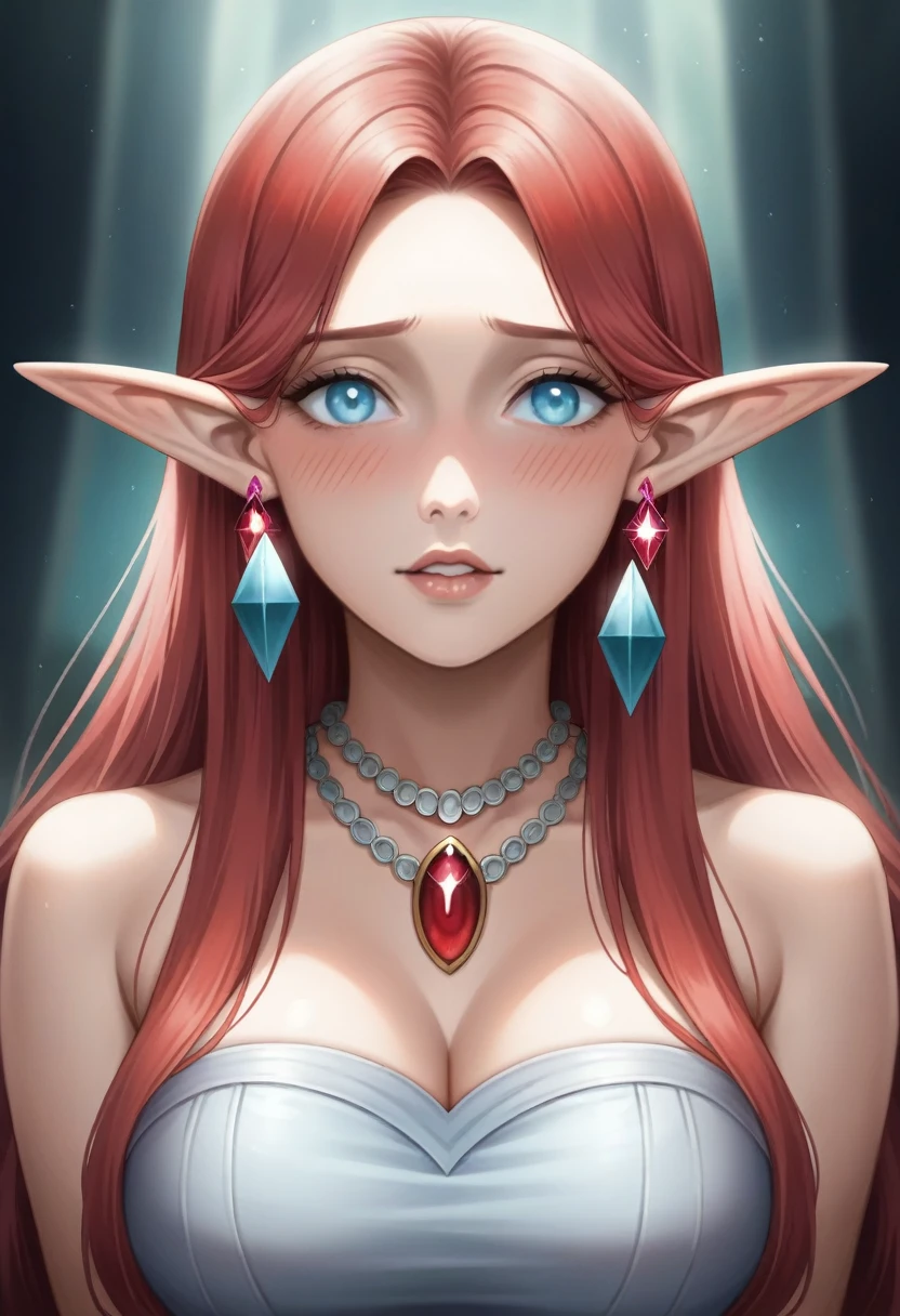 (masterpiece:1.3), (8k, photorealistic, raw photo, Best Quality: 1.4), (1 girl), beautiful face, (realistic face), (Red hair, Long hair:1.3), beautiful hairstyle, realistic eyes, beautiful detailed eyes, (Realistic skin), beautiful skin, masterpiece, detailed face, detailed eyes, beautiful, of the highest quality, (elf woman, Dark, Madura))), (light blue aquamarine eyes), (((wearing a delicate red gemstone earring))), (Wearing a shiny moonstone necklace necklace), eyelash, ( usando arMadura sexy), whole lip, blushing lascivious face, [janet], [Alicia], "Beautiful adult face" , 30 years , mujer Madura , adult,(dark fantasy), absurdities, attractive, ultra high resolution, ultra realistic, Very detailed, golden ratio, elder ring style background