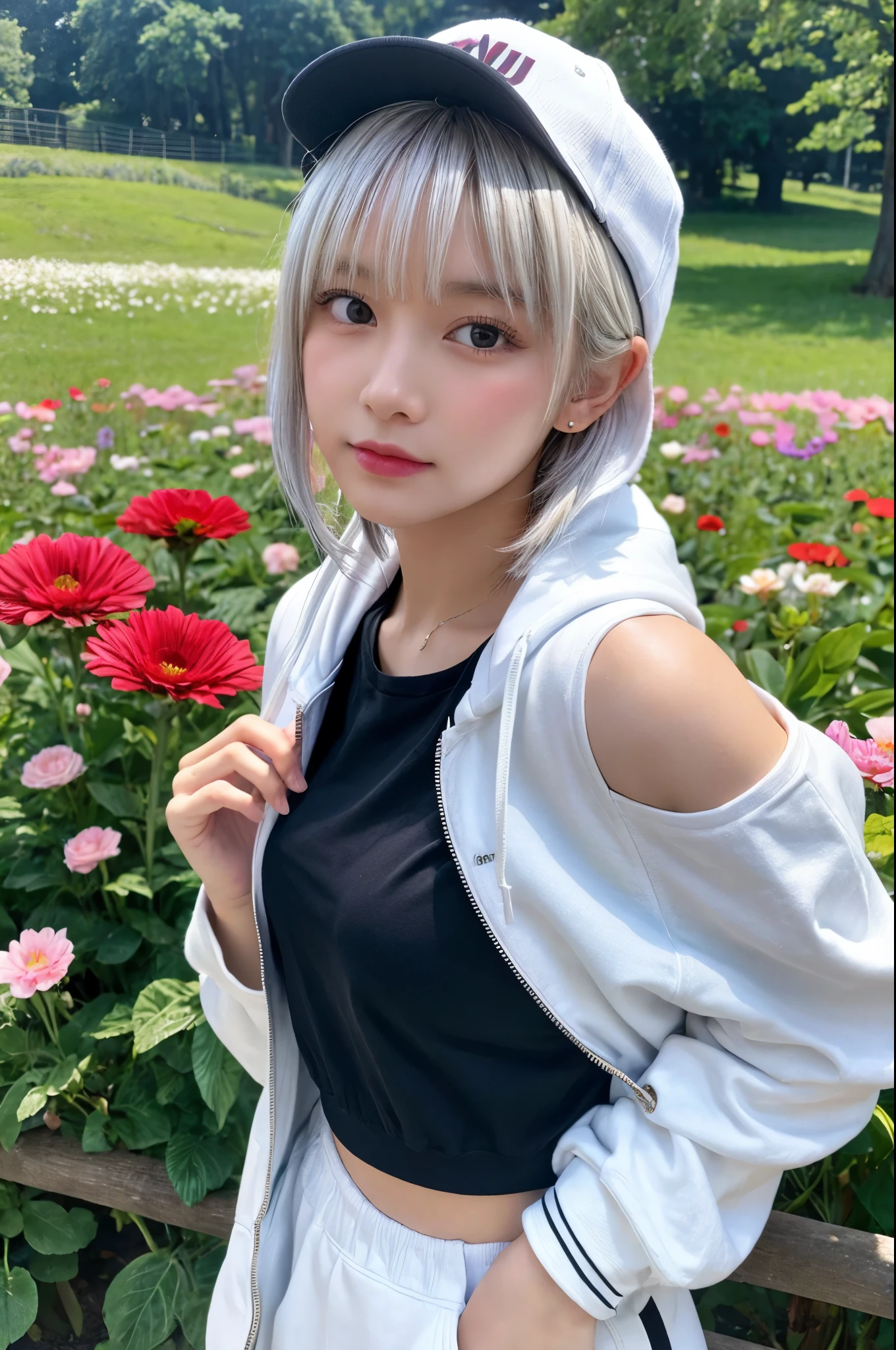 With lots of bouquets、masterpiece, Highest quality, Very detailed, 8k, Realistic, One Girl, alone, Tomboy, Very detailed face, (head shot:1.5), Standing in a colorful flower field, Pixie cut white hair, He is wearing a short tank top and an open-zipped hoodie.....,I can see your chest,Nice ass,Wear a New Era cap