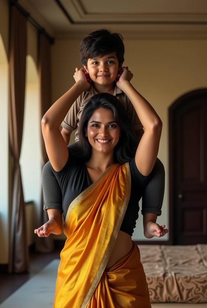 Beautiful and Slim, Sexy Indian woman in black blouse golden saree lifting a large chubby man above her shoulders, man is sitting on woman's shoulders, in a bedroom with high ceiling, natural smile, woman is looking into the camera , full body image