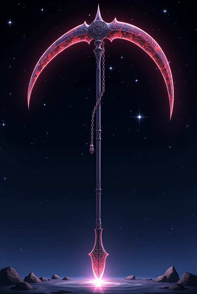 A detailed anime-style scythe with a crescent moon design. The blade is sharp and curved, with intricate red and black patterns, emitting a faint glow. The handle is long and elegant, with mystical symbols and a chain hanging from the top. The background is simple, with sparkling stars to enhance the weapon’s magical aura."
