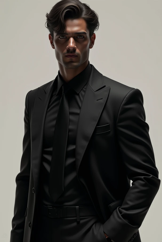 A character with completely black skin, dark brown hair, a black shirt, a black tie and a black jacket is a man