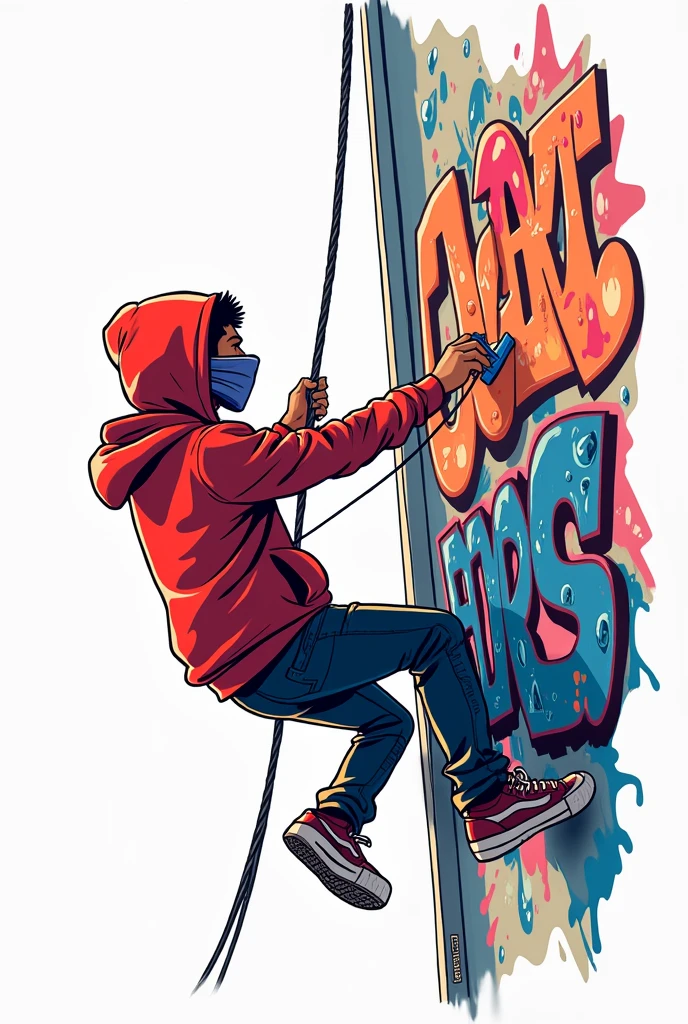 Cartoon illustration of a graffiti artist hanging with a rope from a building painting graffiti, WITH WHITE BACKGROUND 