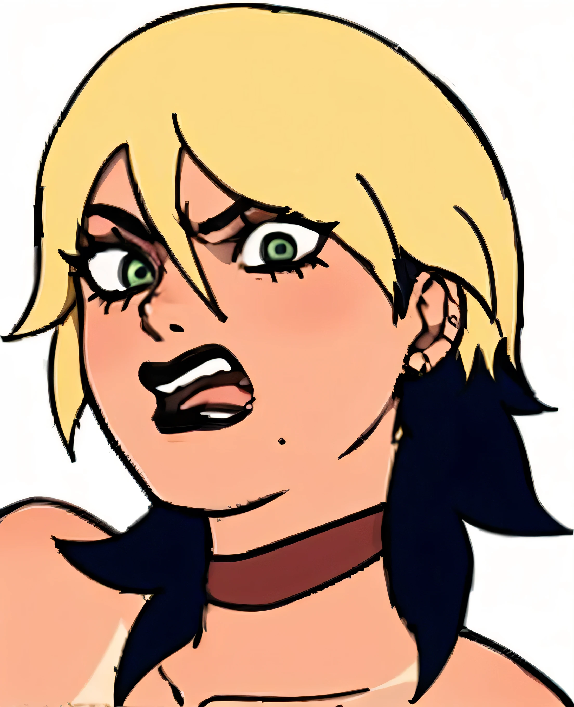 1girl, angry face, green eyes, tomboy Pixie haircut, very Short hair, tan lines