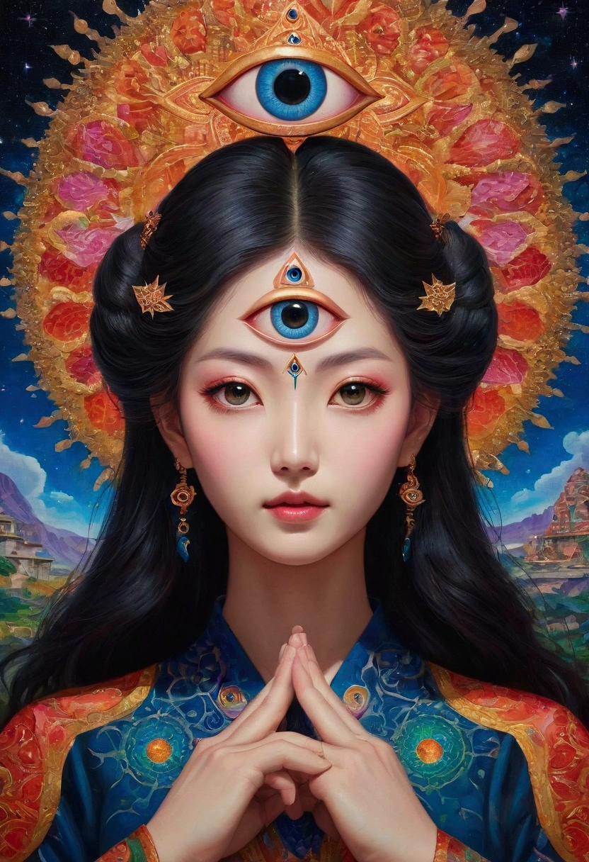 Close-up of a person standing in front of a painting, opening The Third Eye睛, The Third Eye睛, Fantasy painting, The Third Eye, dmt goddess, DMT art, dmt journey, DMT field, DMT vision, Fantasy Art style, mystical The Third Eye睛, The Third Eye的视觉, Star appearance, Paul Lafley, dmt god, Fantasy Art