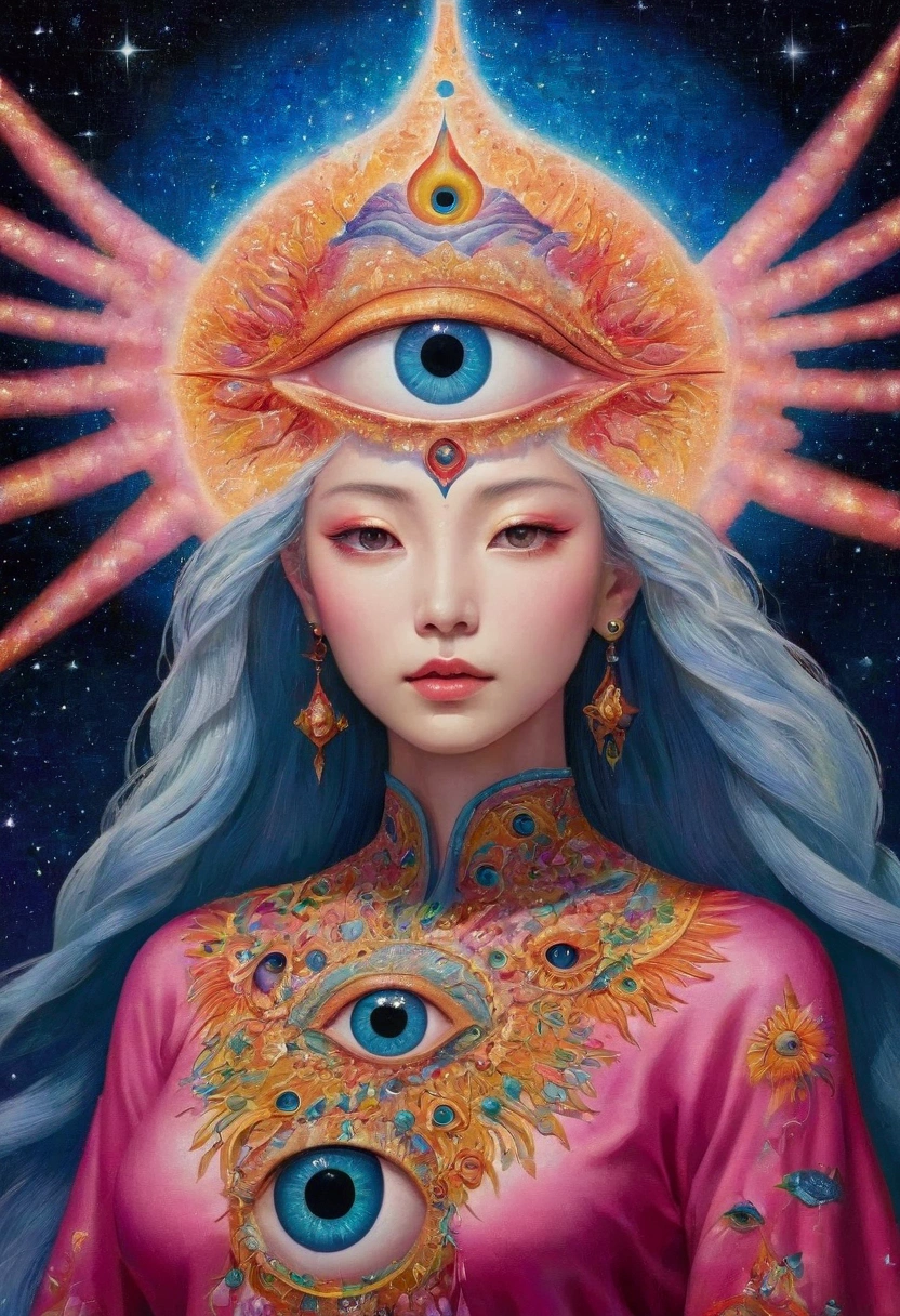 Close-up of a person standing in front of a painting, opening The Third Eye睛, The Third Eye睛, Fantasy painting, The Third Eye, dmt goddess, DMT art, dmt journey, DMT field, DMT vision, Fantasy Art style, mystical The Third Eye睛, The Third Eye的视觉, Star appearance, Paul Lafley, dmt god, Fantasy Art