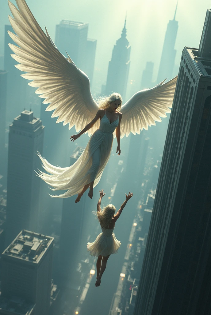 Androgyneous Angel with silver wings catches a young woman that falls of a skyscrapera rooftop