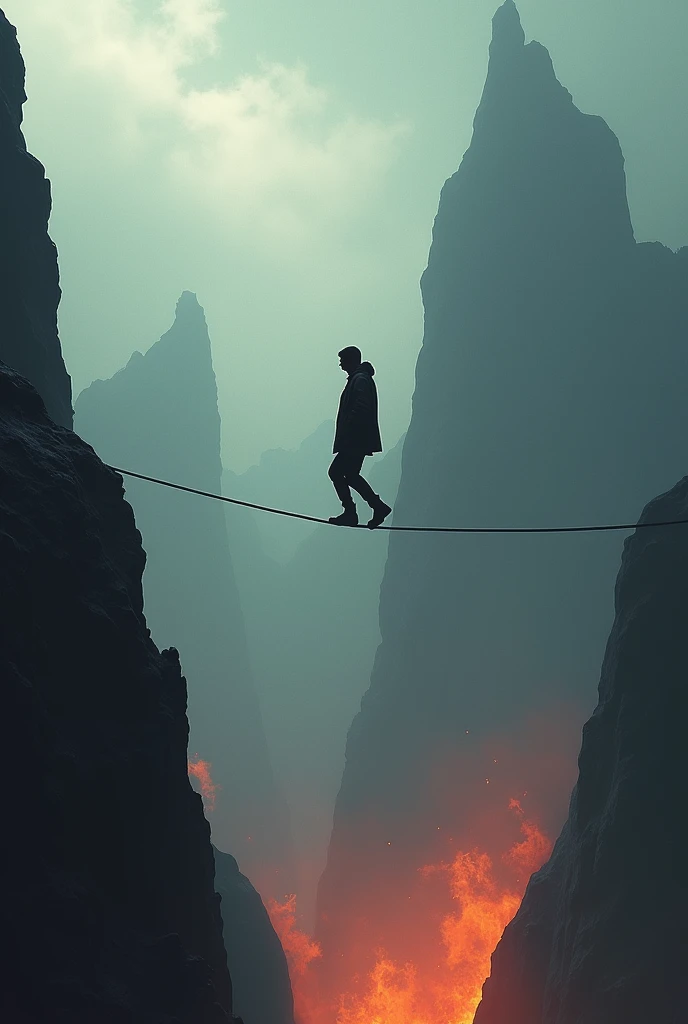 Create a digital image that represents the concept of risk. Includes elements such as a person walking on a tightrope over a dangerous environment, like flames or peaks below, to symbolize uncertainty and potential danger.