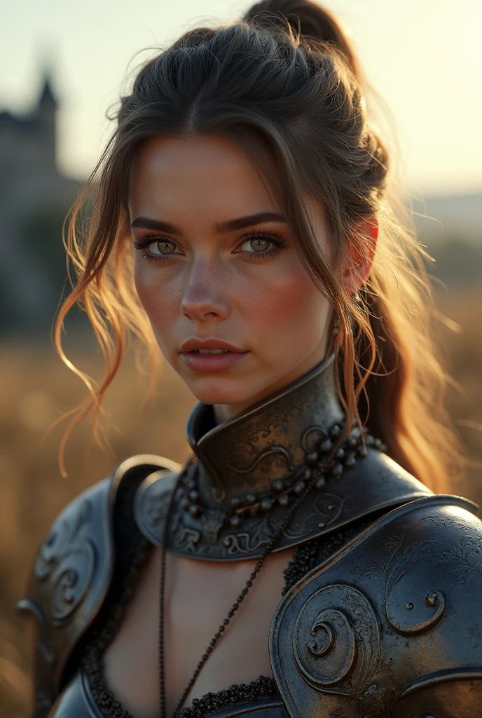 (masterpiece), (extremely intricate:1.3), (realistic), portrait of a girl, the most beautiful in the world, (medieval armor), metal reflections, upper body, outdoors, intense sunlight, far away castle, professional photograph of a stunning woman detailed, sharp focus, dramatic, award winning, cinematic lighting, octane render  unreal engine,  volumetrics dtx, (film grain, blurry background, blurry foreground, bokeh, depth of field, sunset, motion blur:1.3), chainmail