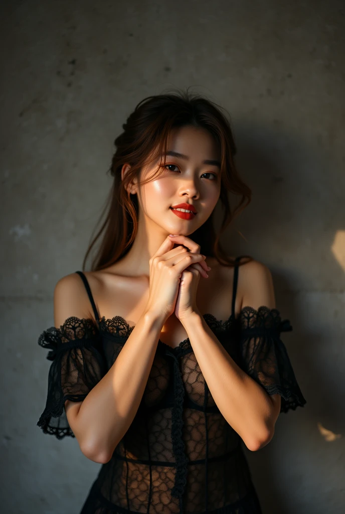 (Highest quality:1.4),(masterpiece:1.4),(Realistic:1.4),(Realistic:1.2),(超High resolution, RAW Photos:1.4),(High resolution, Very detailed:1.2),(8k:1.2),photograph,(Shot from behind:1.3)、Korean women、brown hair photos,One Woman,alone,(In underwear),Very large breasts,((Thigh to head shot:1.3))、(((topless、You can see her large breasts from the side.)))、((Toothy smile))、((Very large breasts:1.4))、Realistic skin textures、Slightly freckled、Slender figure、Realistic skin textures、((background,Concrete wall:1.3)),(topless,The breast is visible from the side:1.6),(Long lace slip,White)、3 woman、The angle at which the nipple is not visible、((Updo long hairstyle))、((Black,Long lace slip:1.4))、Correct toes、Detailed facial features、Long slip covers the buttocks and soles of the feet、Long slip covers your butt、