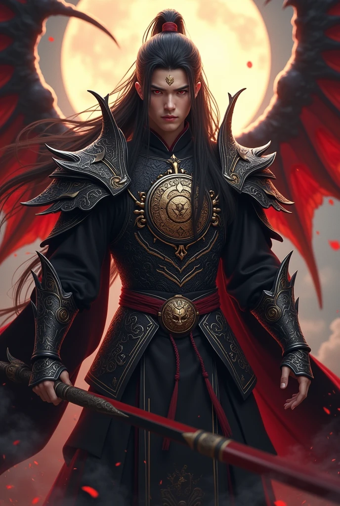 Handsome young early 20 Yo xianxia protagonist,charming handsome,guy,man,long black obsidian hair, Crimson red eyes combination ,and long black tint hair,and the golden rune motiv engraved on his forehead,use armour featuring like God of evil with black and silver dominant color,pauldron protective shape like dragon head,breastplate featuring like qiongqi four perils Chinese beast((search reference for 4 perils Chinese beast qiongqi)),breastplate detailed emperor dragon head shape,shoulder protective dragon shape like head red and blue,sun and moon and circling at the background,ultra detailed, combination of black and red dominant color,black obsidian dominant color, Crimson dark red dominant color armour,with majestic silver line ,held halberd of abyss,halberd extreme detailed, And demonic wings at back,demonic wings at back,terrifying aura around,24K ultra hd,face and eyes detail,lips and face detail,masterpiece ,better quality