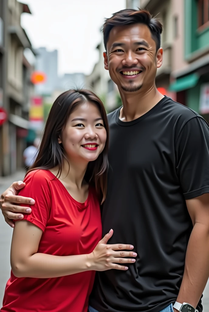 Chinese beautiful girl 23 years-old couple with an Indonesian man 40 years-old, 23 years-old girl as wife, 40 years-old man as her husband, the girl hug the man, the girl wearing red T-shirt, the girl red lips, the man wearing black T-shirt, the girl with the man stands in street city building, curvy body, thick body, little bit fat.