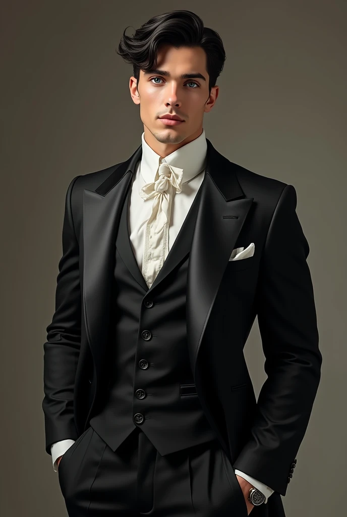 Handsome 3 man, Her skin is white, her black and wavy hair. Her hair is combed but she has a curl that is on her forehead, has blue eyes, filled lips, tall and muscular. He has a black Victorino suit, elegant. Without beard. He does not have a beard. He looks young and seductive.