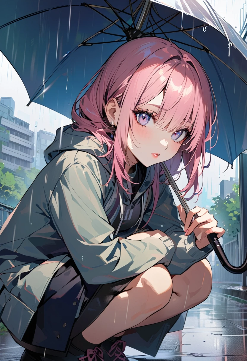 1woman, solo, pink hair, gray eyes, detailed eyes, eyelashes, light lips, 25years old, she's holding an umbrella, squatting, raining, residential area with sunshine