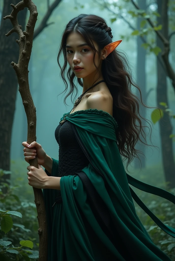 Kae, the Caucasian Elf Queen from Dungeons and Dragons, best quality, ultra-detailed CG unity 8k wallpaper, walking, high resolution, dynamic pose, beautiful face, (Hazel eyes:1.2, dark brown hair:1.3, side parted bangs, shoulder length hair:1.2, slightly curly hair, flowing jade and black dress, tiny boobs, cleavage), depth of field, dark medieval forest, dark light, night time), (high fantasy), holding a druid staff