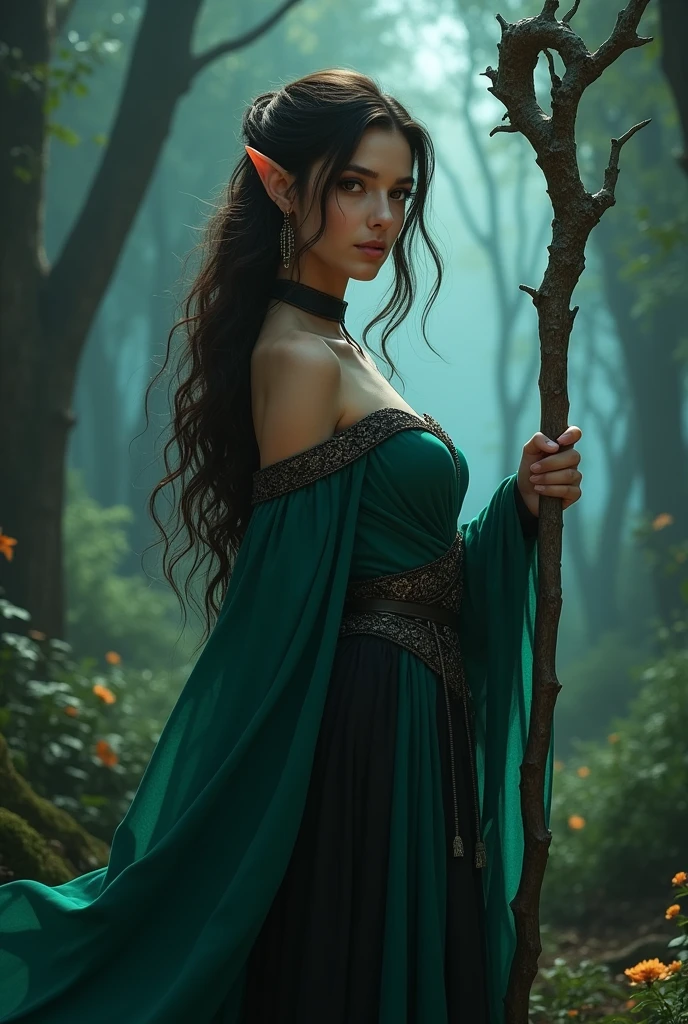 Kae, the Caucasian Elf Queen from Dungeons and Dragons, best quality, ultra-detailed CG unity 8k wallpaper, walking, high resolution, dynamic pose, beautiful face, (Hazel eyes:1.2, dark brown hair:1.3, side parted bangs, shoulder length hair:1.2, slightly curly hair, flowing jade and black dress, tiny boobs, cleavage), depth of field, dark medieval forest, dark light, night time), (high fantasy), holding a druid staff