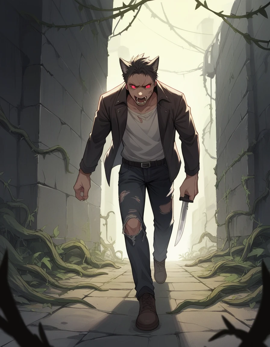A wall with a dark concrete face, with vines like that around, and black smoke coming out of the walls, in the middle of a street deteriorated in ruins, A boy with a dark jacket and torn pants and a knife in his hand walking, In the background you can see a large black wolf with red eyes roaring. 