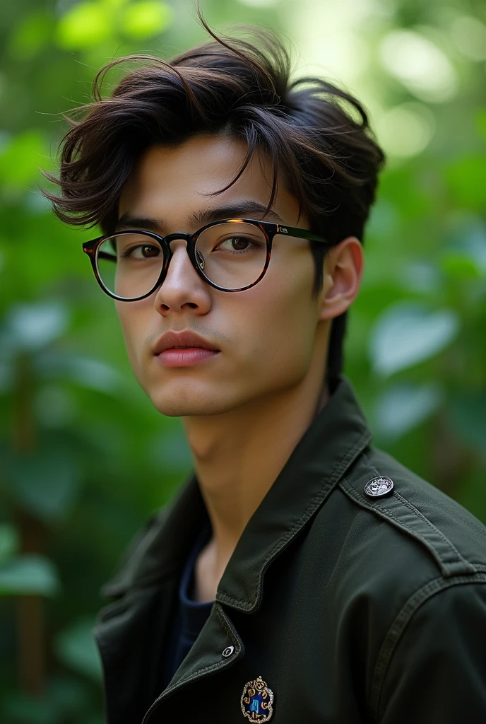 A most handsome ager 18 years boy, wide shoulder wearing eye glasses and stylish jacket with medium hair
Background was full green
