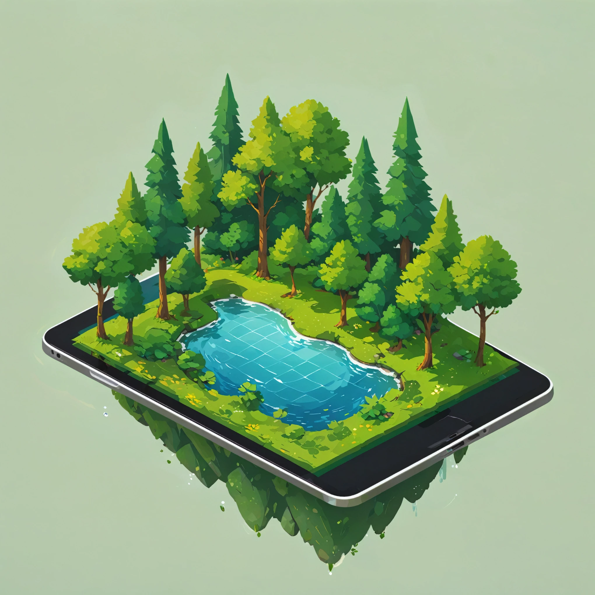 island on ipad screen, vector, 2d, flat illustration, island, tree with detail leaf, flat ipad illustration, no humans, scenery, outdoors, rock, lake, grass, bush, pond, water, day, nature, detail, no outline,