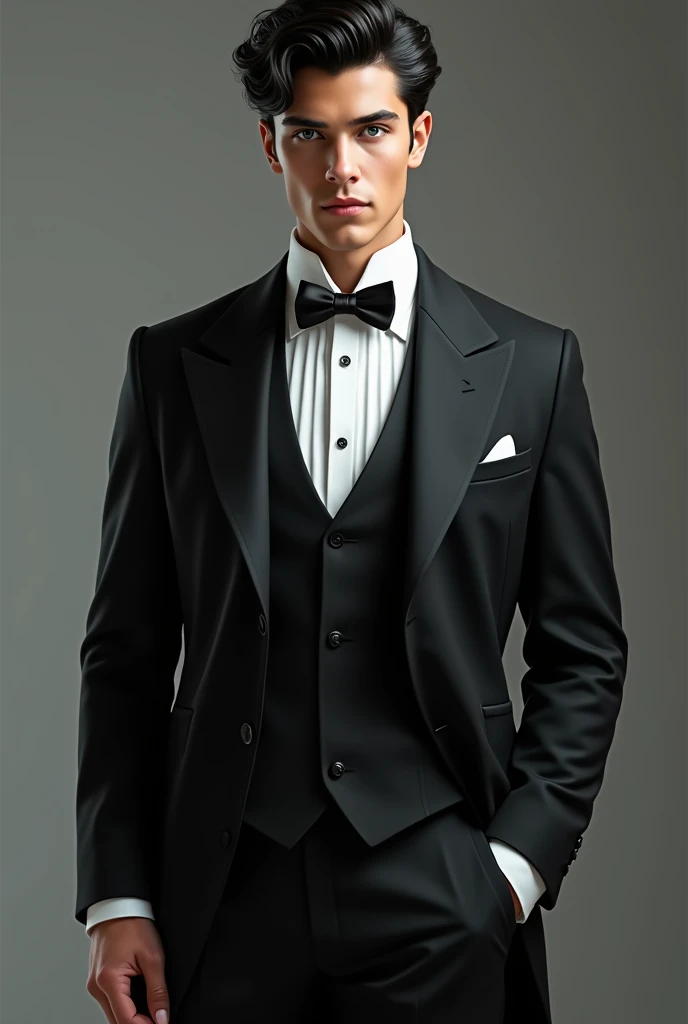 Handsome 3 man, Her skin is white, her black and wavy hair. Her hair is combed but she has a curl that is on her forehead, has blue eyes, filled lips, tall and muscular. He has a black Victorino suit, elegant. Without beard. He does not have a beard. He looks young and seductive.