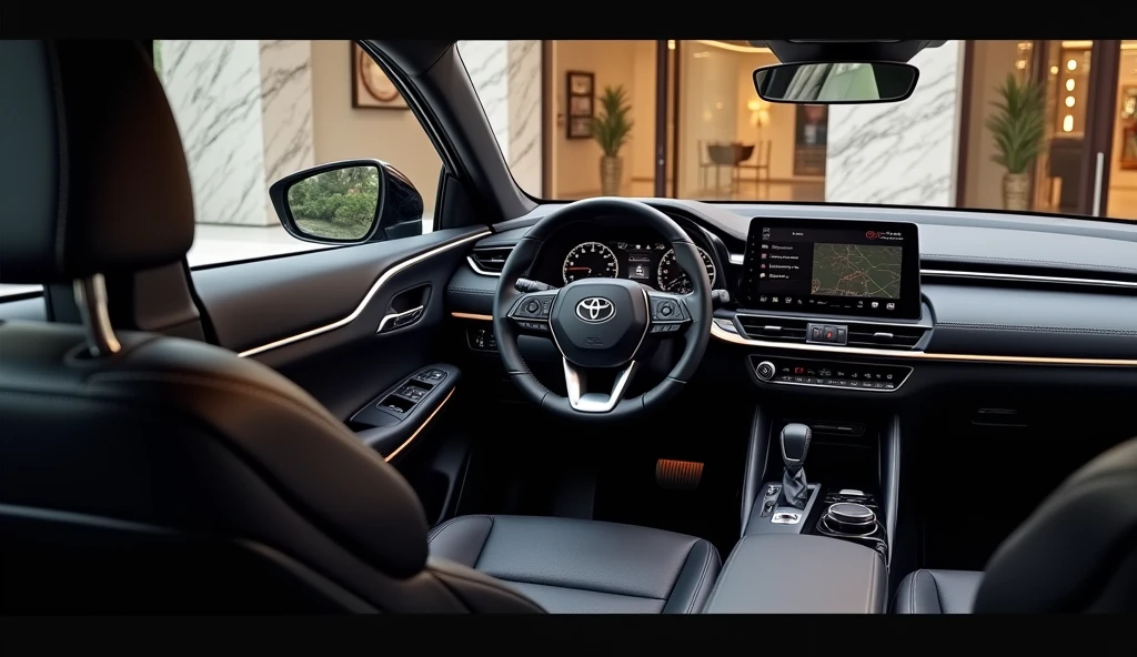 A detailed interior view focusing on the steering wheel of the New 2025 Toyota RAV4, parked in a luxurious showroom. The steering wheel showcases a modern and sophisticated design, featuring premium materials and the iconic Toyota logo at the center, reflecting the brand’s commitment to quality and luxury. The cabin is elegantly crafted with a mix of high-quality leather and advanced technology elements, enhancing the driving experience. The sleek dashboard is complemented by ambient lighting, contributing to the vehicle’s luxurious feel. Through the windows, the showroom’s polished marble floors, expansive glass walls, and stylish decor are visible, enhancing the sophisticated ambiance of the RAV4’s modern interior.