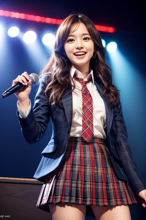 (realistic, photo-realistic), (masterpiece, best quality), high resolution, intricate details, extremely detailed, sharp focus, looking at the viewer, solo, 1girl, an idol group member, (AKB48-style costume), (navyblue blazer with red trim on cuffs and red collar lining, emblem, white collared shirt, tie:1.2), (red miniskirt, tartan check plaid skirt, pleated skirt:1.3), kawaii, cute face, big smile, holding a microphone with one-hand and singing, dynamic lighting, cinematic lighting, professional lighting, pale skin, detailed face, detailed eyes, beautiful pupils, sophisticated nose, photo background, indoors, the concert venue, audience in background,