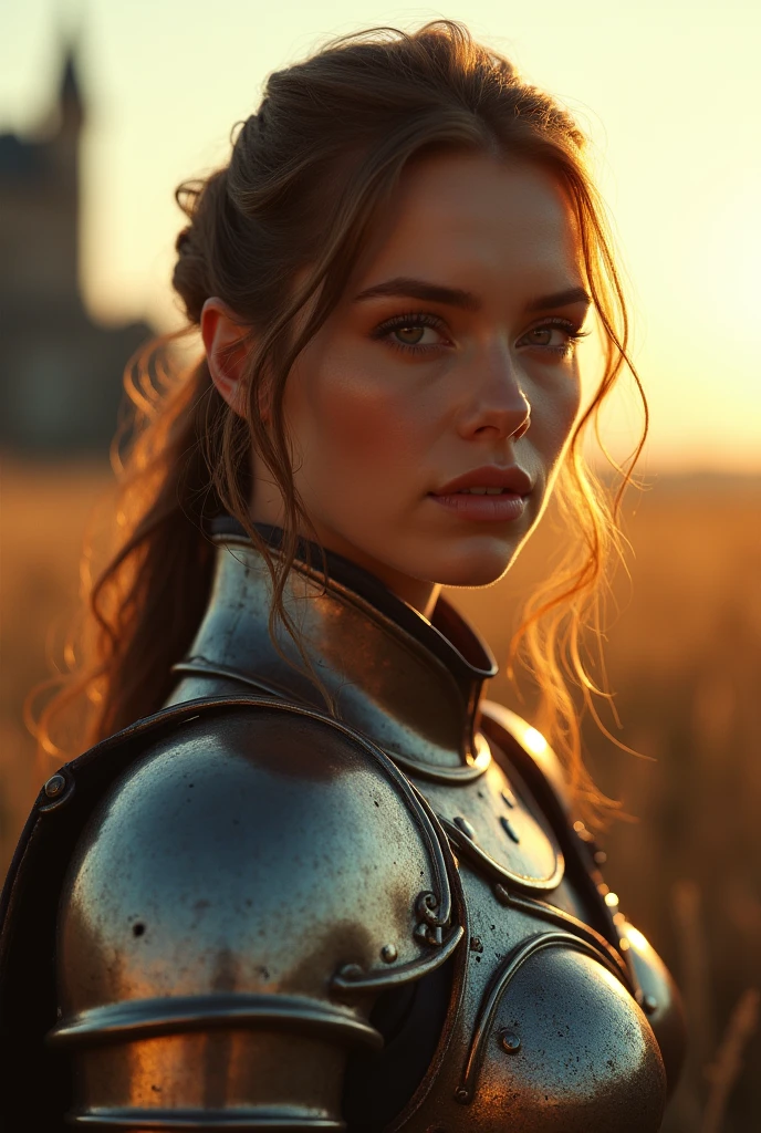 (masterpiece), (extremely intricate:1.3), (realistic), portrait of a girl, the most beautiful in the world, (medieval armor), metal reflections, upper body, outdoors, intense sunlight, far away castle, professional photograph of a stunning woman detailed, sharp focus, dramatic, award winning, cinematic lighting, octane render  unreal engine,  volumetrics dtx, (film grain, blurry background, blurry foreground, bokeh, depth of field, sunset, motion blur:1.3), chainmail , 𝚒𝚗 3𝙳 𝚌𝚊𝚛𝚝𝚘𝚘𝚗