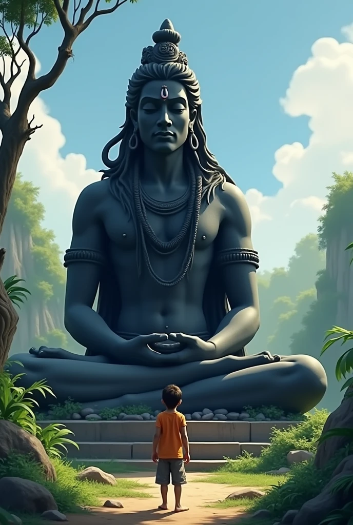 a boy in front of a statue of meditating lord shiva of black colour in natural ecosystem with blue background