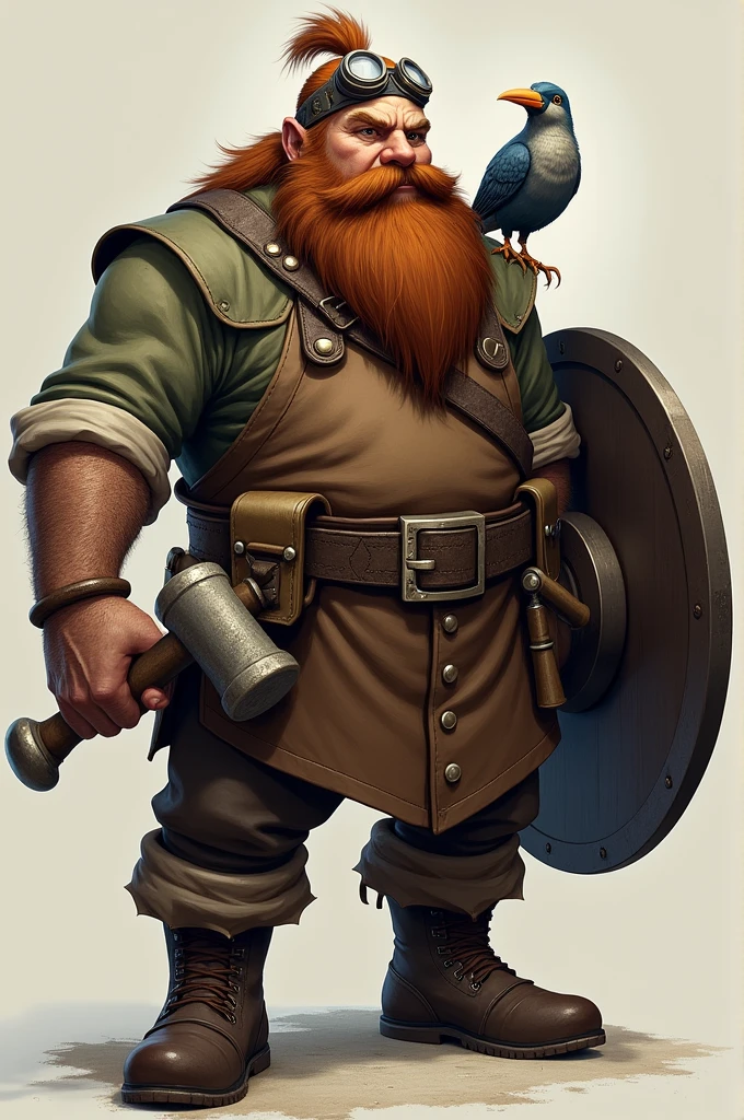 Dwarf, thick and stout, thick brown hair in the back of the head down, but a prominent widows peak in the front of his hair and a receeding hairline. Has a shield and hammer, along with goggles that he wears. Clothes are like a blacksmith's, workers boots, coveralls, rolled up sleeves and a smock. Has a thick beard that contains a bird that lives within it, popping its head and neck out